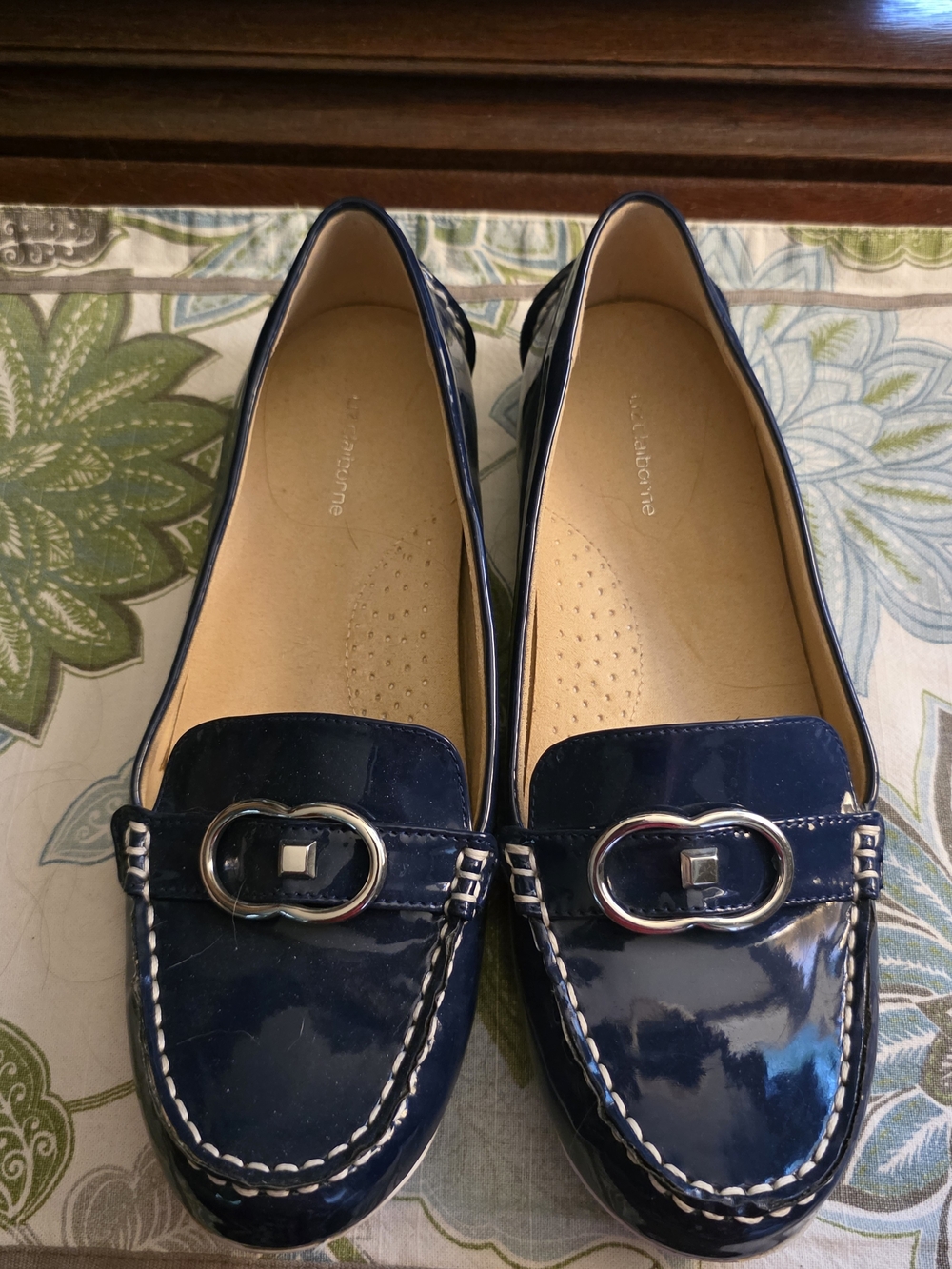 Liz Claiborne Navy Patent Loafers with Silver Buckle